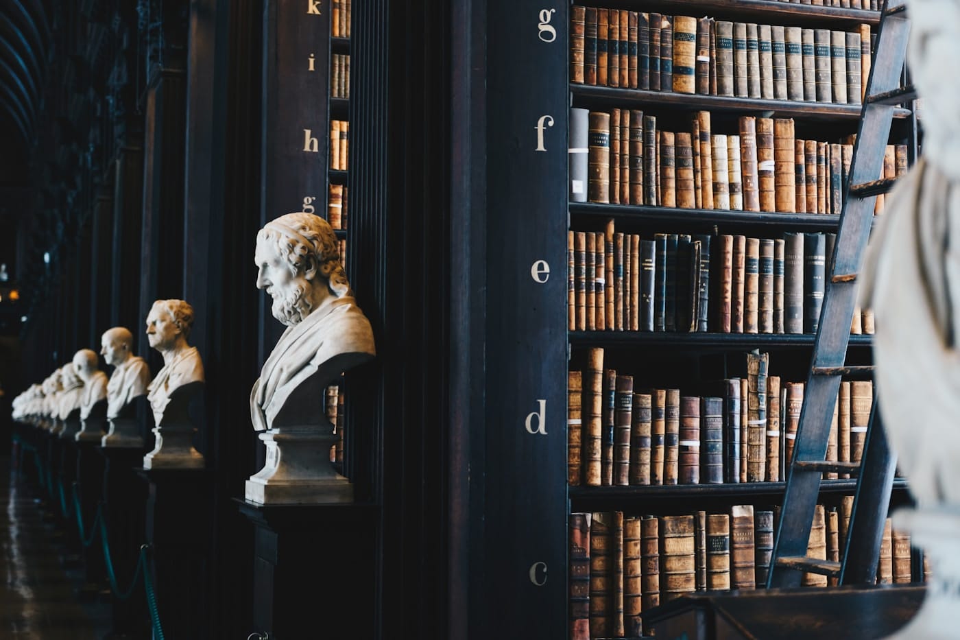 The Long Room at Trinity College Dublin, rows of bound reference volumes beneath classical busts.